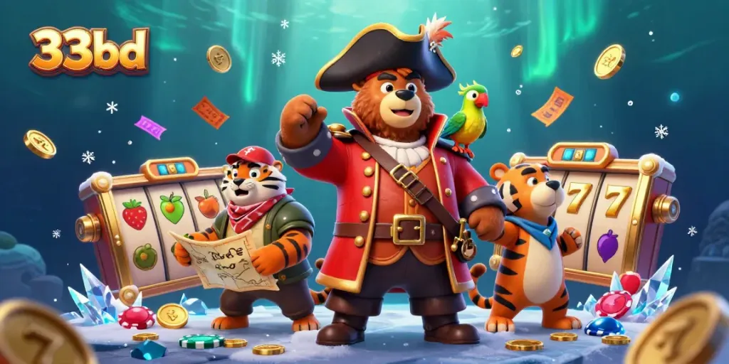 Experience thrill with 33bd’s pirate-themed slots, showcasing vibrant reels and golden treasures.