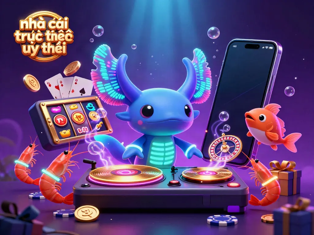 Experience excitement from nhà cái trực tuyến uy tín with a vibrant 3D scene of colorful casino elements.