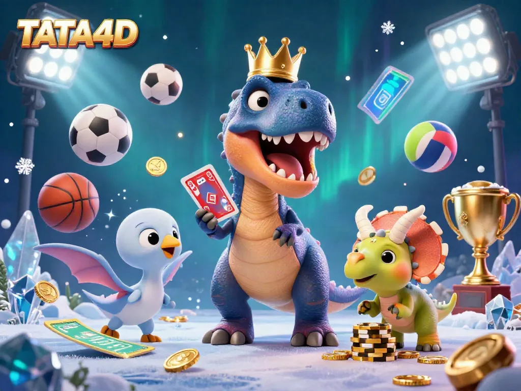 TATA4D live casino scene with a T-Rex, pterodactyl, and baby triceratops engaging in card games surrounded by sports elements.