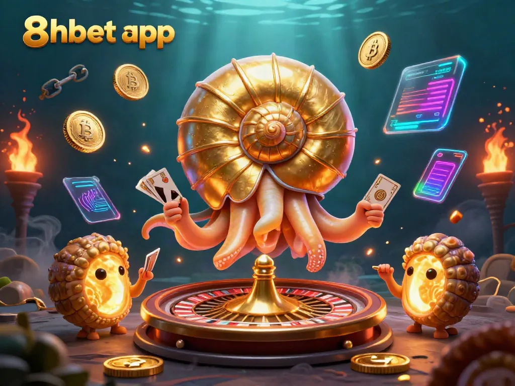 Experience the excitement of the 8xbet app with a dynamic casino scene featuring a giant nautilus roulette wheel and glowing crypto coins.