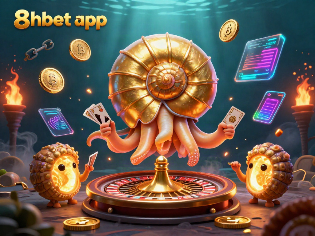 Experience the excitement of the 8xbet app with a dynamic casino scene featuring a giant nautilus roulette wheel and glowing crypto coins.