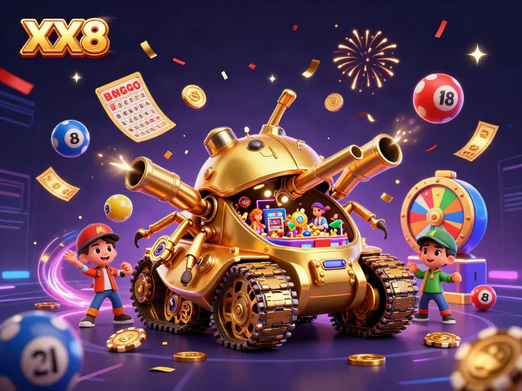 Experience exciting gameplay at XX8 with a cartoon casino tank bursting with lottery balls and confetti.