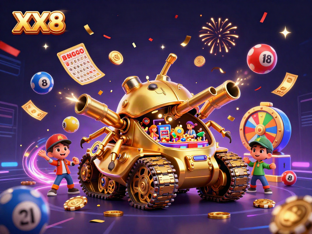 Experience exciting gameplay at XX8 with a cartoon casino tank bursting with lottery balls and confetti.