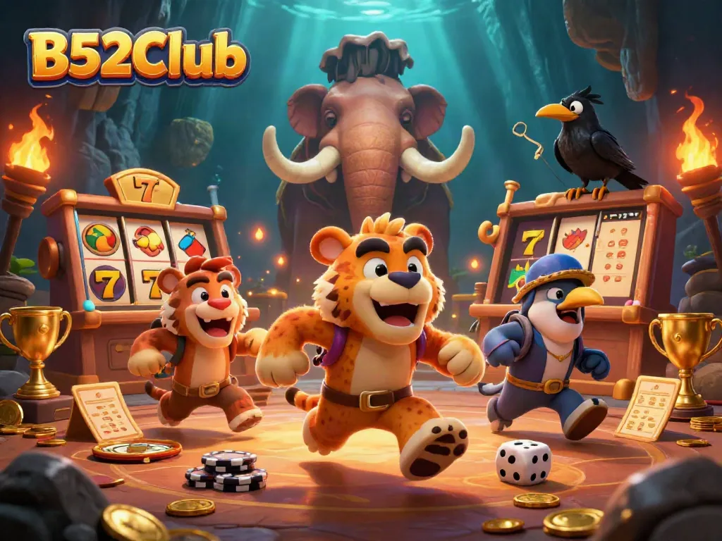 Experience thrilling wins at B52Club with cartoon cavemen and a sabertooth in a lively casino!