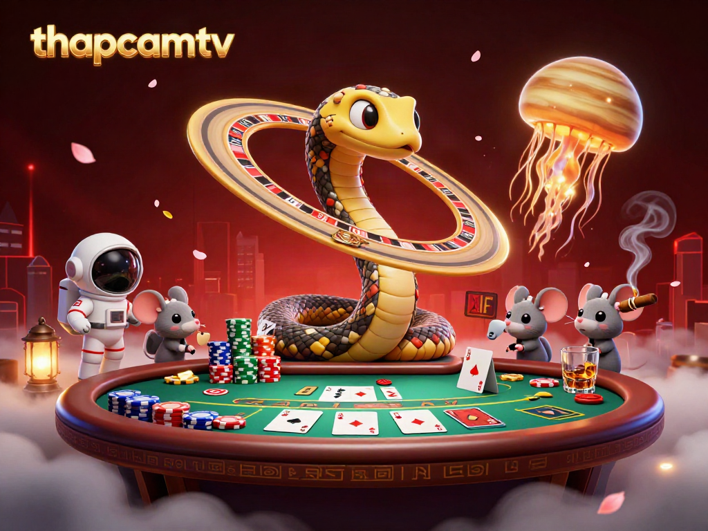 Experience thapcamtv's immersive cosmic casino environment where characters bet and play in a stellar setting.