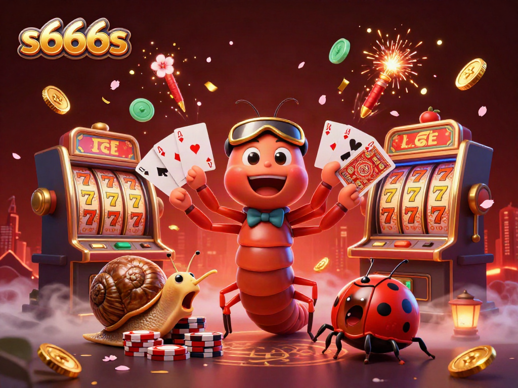 Engage in thrilling gameplay with s666s as a 3D cartoon millipede dealer showcases excitement amidst floating slot machines and festive elements.