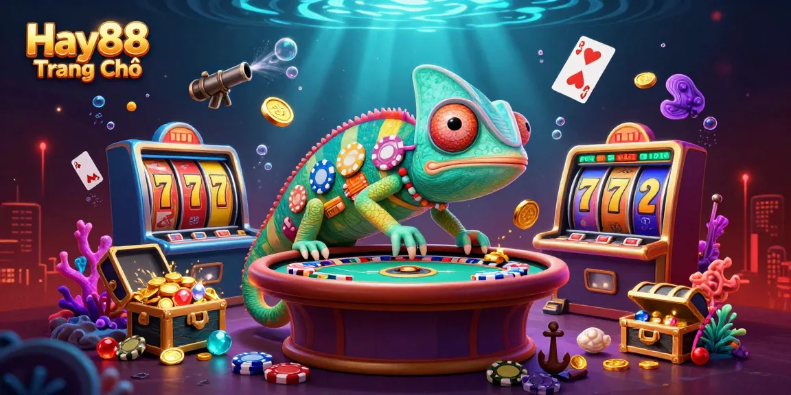 Engage with Hay88 Trang Chủ at a vibrant, cartoonish online casino setup featuring a chameleon owner.