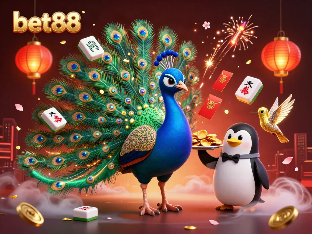 Experience the excitement of bet88 with vibrant peacock and quirky penguin in a dazzling casino scene.