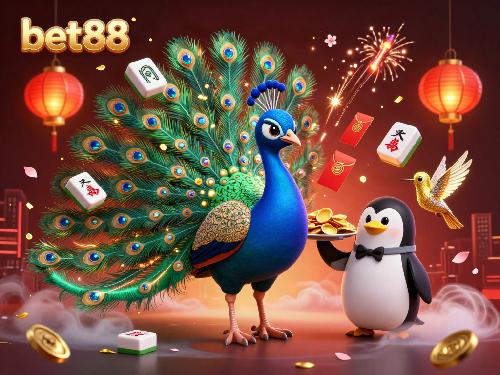 Experience the excitement of bet88 with vibrant peacock and quirky penguin in a dazzling casino scene.