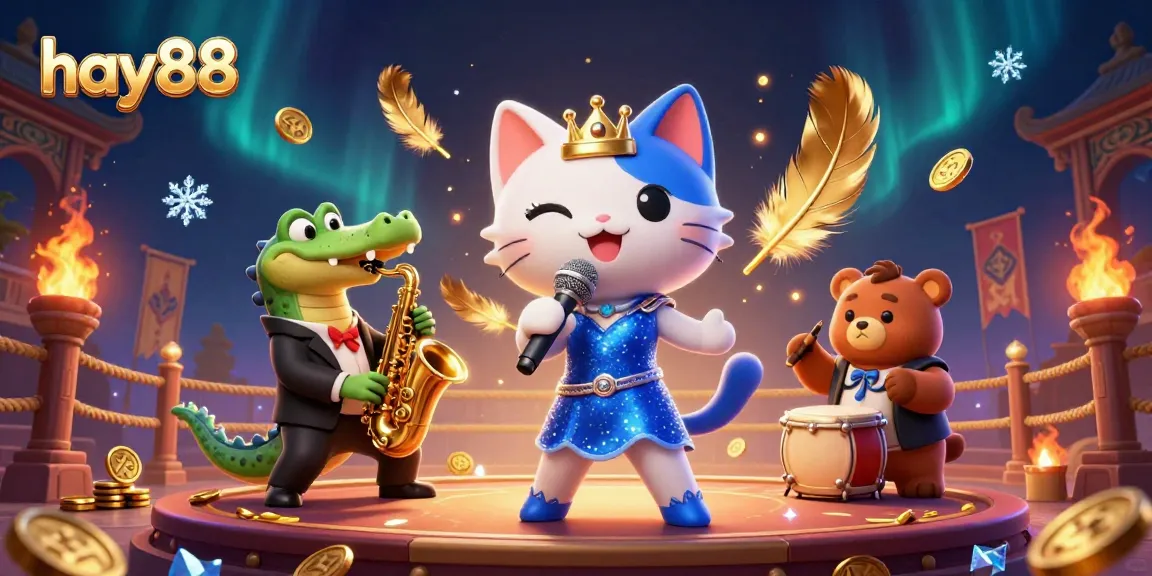 Experience the excitement of hay88 with a cartoon jazz-singer cat and casino ambiance for thrilling gameplay.