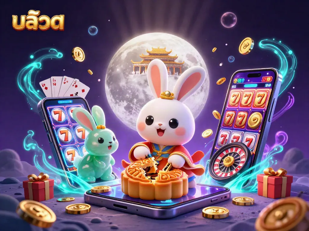 Experience สล็อต in a vibrant scene featuring moon rabbits unveiling poker chips amongst rich casino elements.