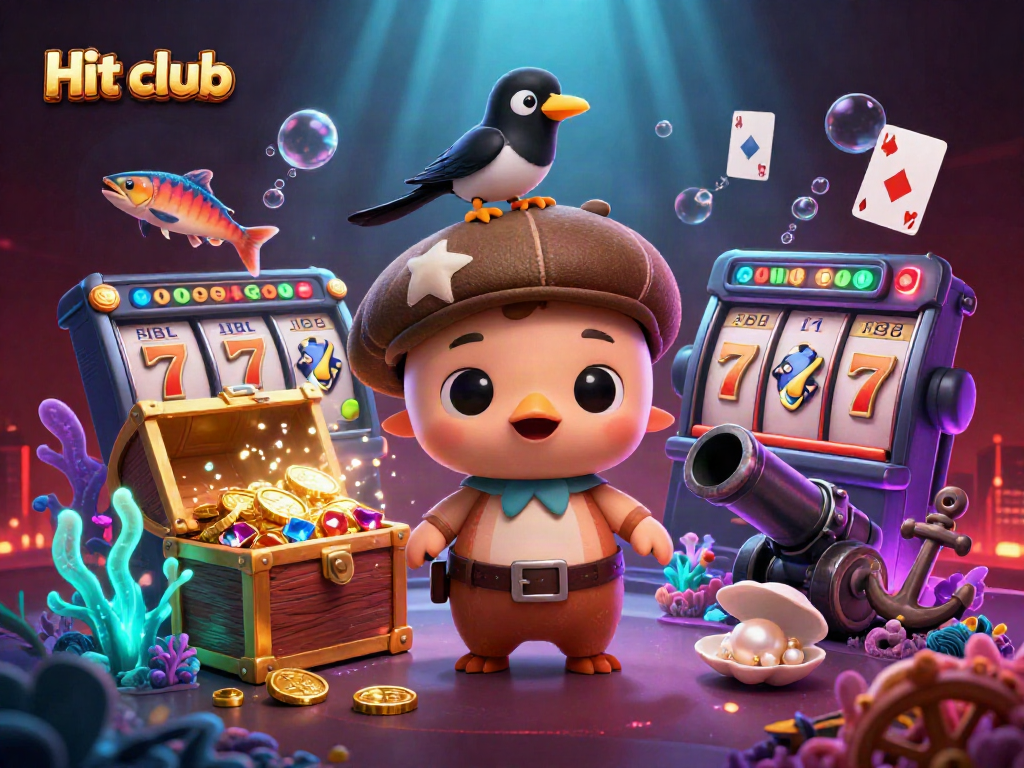 Engaging casino scene with Hit club theme featuring playful cartoon characters, gold coins, and vibrant game elements.