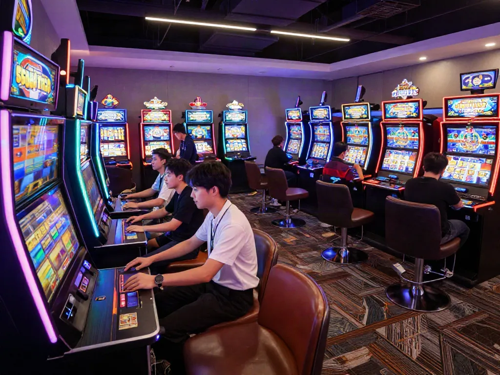 Engaging players in a vibrant slot gaming room with neon lights.