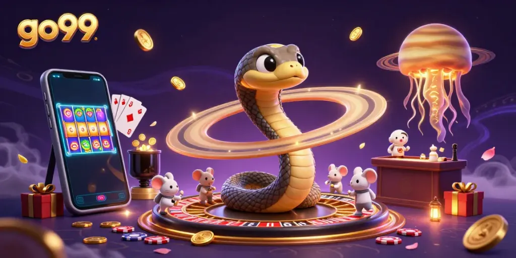 Gamble with go99: Players enjoy colorful slot games in a vibrant 3D casino scene.