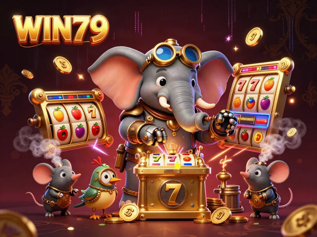 Spin to win at WIN79 with a playful steampunk elephant and slot machine.