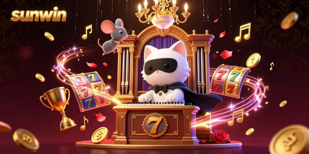 Experience the vibrant energy of sunwin's online casino with a whimsical scene featuring a masked cat at a slot machine.