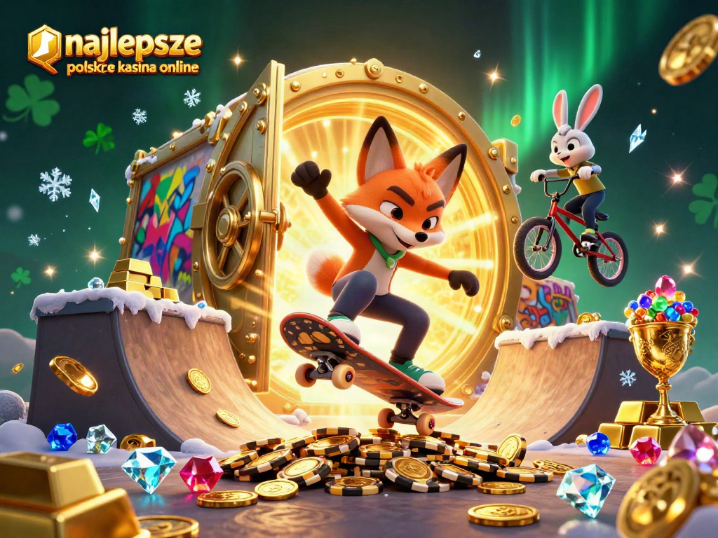 Experience the thrill of najlepsze polskie kasyna online with a dynamic scene featuring casino symbols and characters.