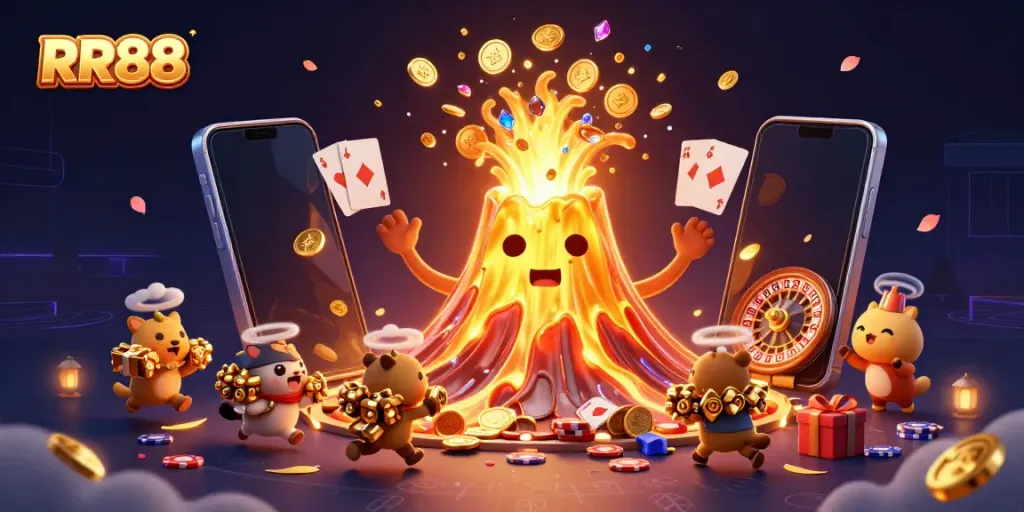 RR88's vibrant golden volcano erupts with treasure overlaid with casino-themed elements.