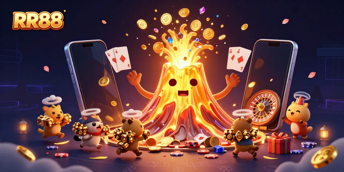 RR88's vibrant golden volcano erupts with treasure overlaid with casino-themed elements.
