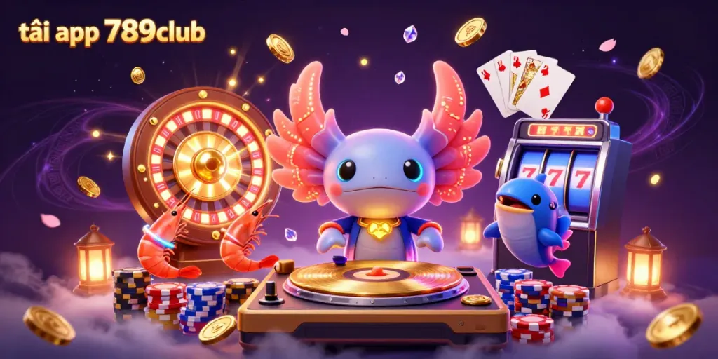 Engage with the vibrant scene of tải app 789club featuring a DJ axolotl, friendly shrimp, and lively casino elements.