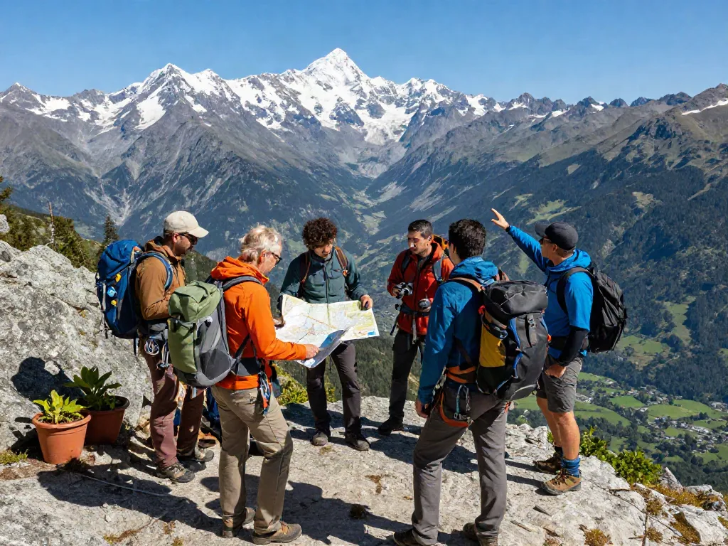 Hikers discussing their route at mountain peak during adventure travel, focused on pecah404 exploration.