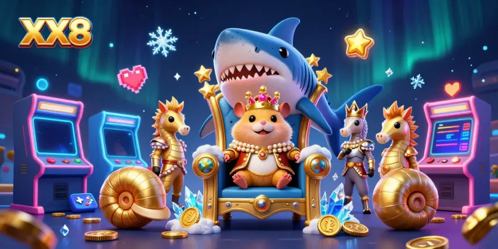 Experience gaming excitement with the vibrant XX8-themed casino illustration featuring a golden hamster king and colorful gaming elements.