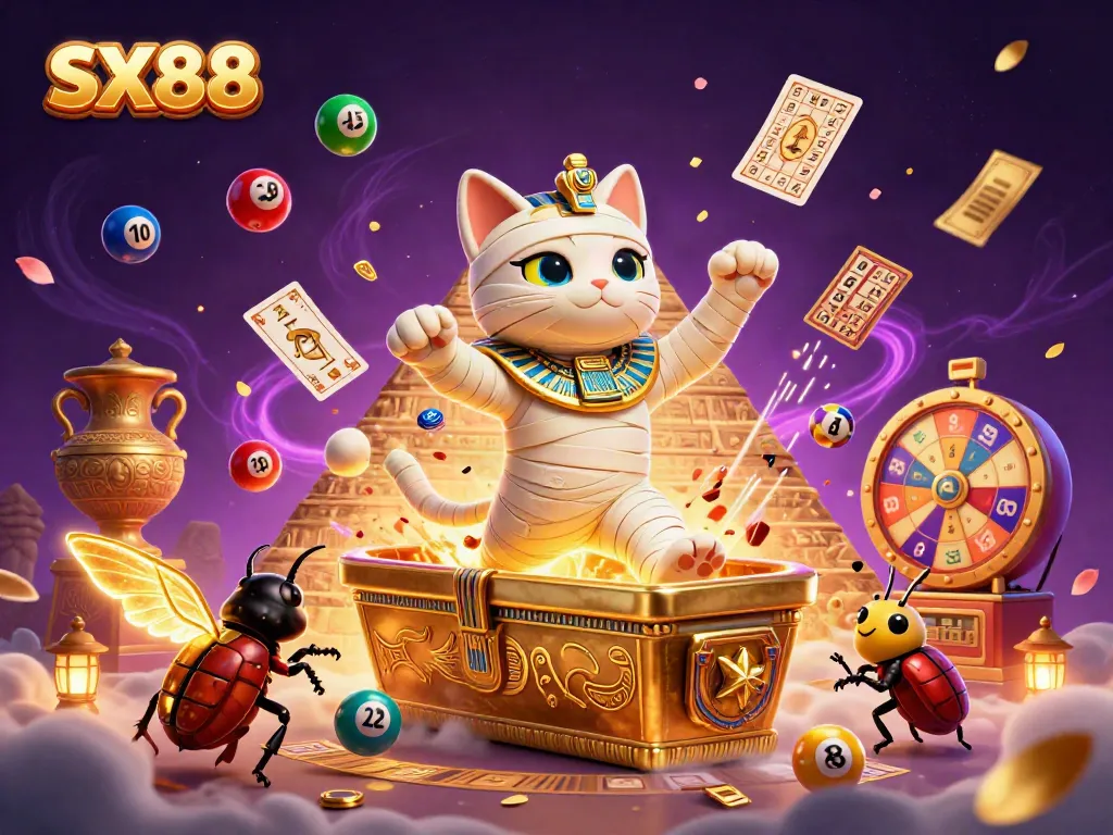 SX88 brings luck as a mummy cat bursts from a sarcophagus in a lively casino scene.