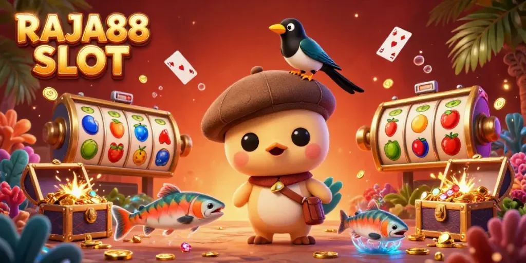 Join RAJA88 SLOT for fun adventures with cartoon Nessie and magpie amid colorful slot elements.