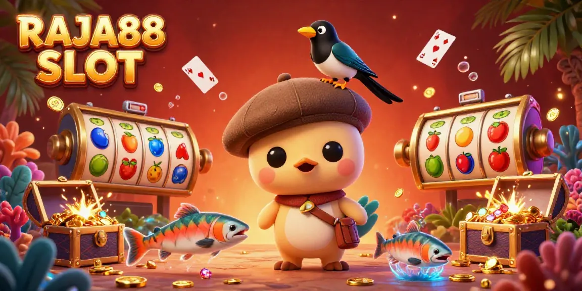 Join RAJA88 SLOT for fun adventures with cartoon Nessie and magpie amid colorful slot elements.