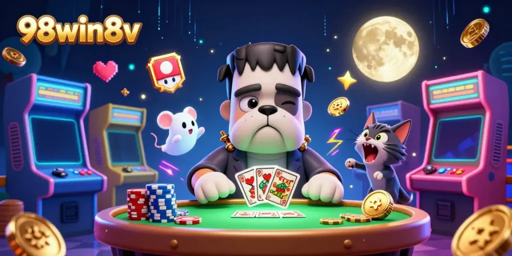 Engaging 98win8v scene with a Frankenstein bulldog and gaming elements at a casino table