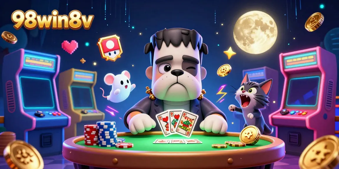Engaging 98win8v scene with a Frankenstein bulldog and gaming elements at a casino table