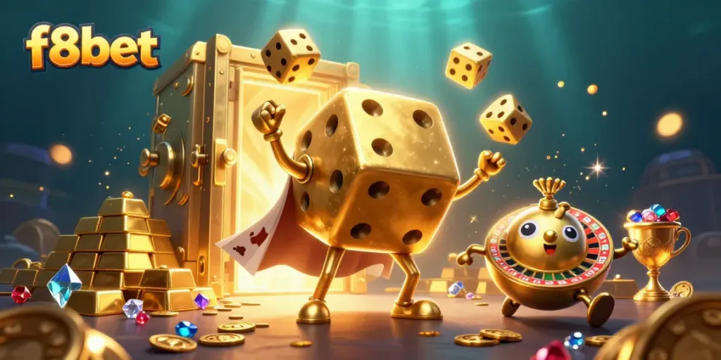 Experience immersive gaming action with f8bet's 3D golden dice golem surrounded by treasure and fortune.