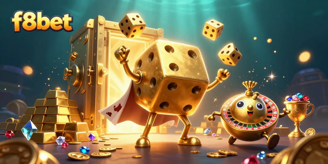 Experience immersive gaming action with f8bet's 3D golden dice golem surrounded by treasure and fortune.