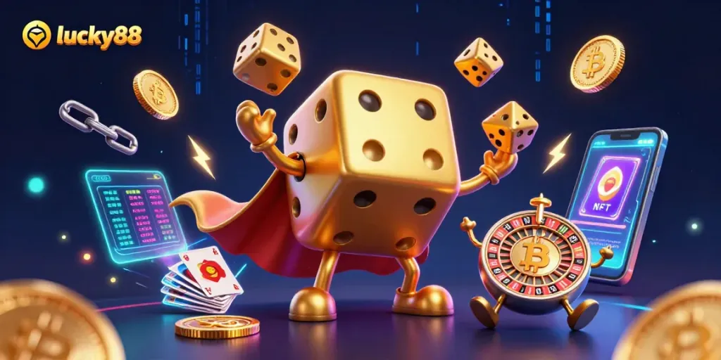 Bet on major wins with lucky88 in a vibrant 3D casino-themed digital illustration.