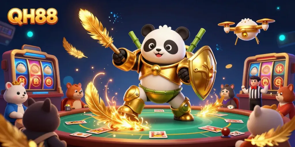 Experience the thrill of QH88 with a vibrant 3D scene featuring a golden panda pilot in a lively gambling arena.