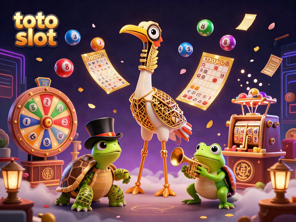 Menghadirkan pengalaman bermain dengan toto slot, ilustrasi kasino penuh warna dengan karakter menarik dan elemen permainan.