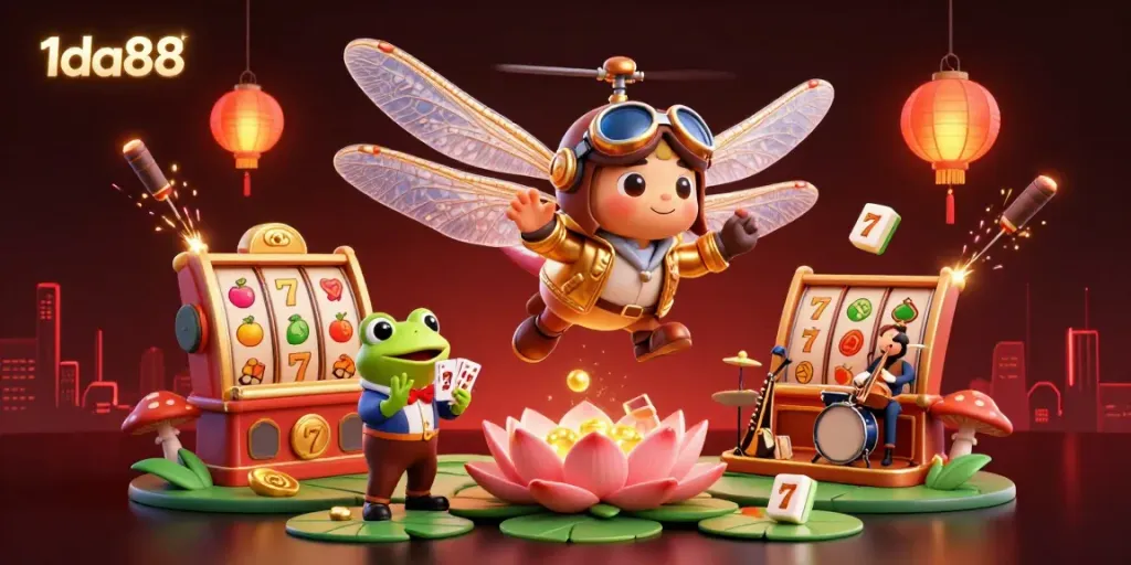 Engage with 1da88's vibrant scene featuring a dragonfly pilot, a frog dealer, and lively jazz musicians in a casino atmosphere.