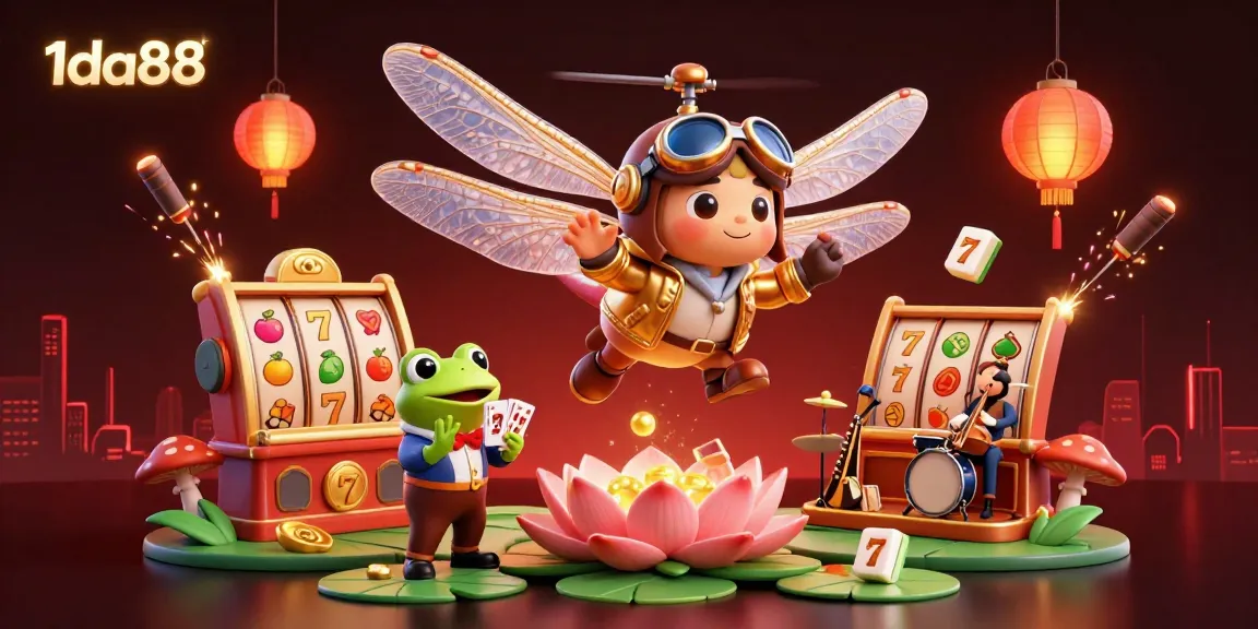 Engage with 1da88's vibrant scene featuring a dragonfly pilot, a frog dealer, and lively jazz musicians in a casino atmosphere.