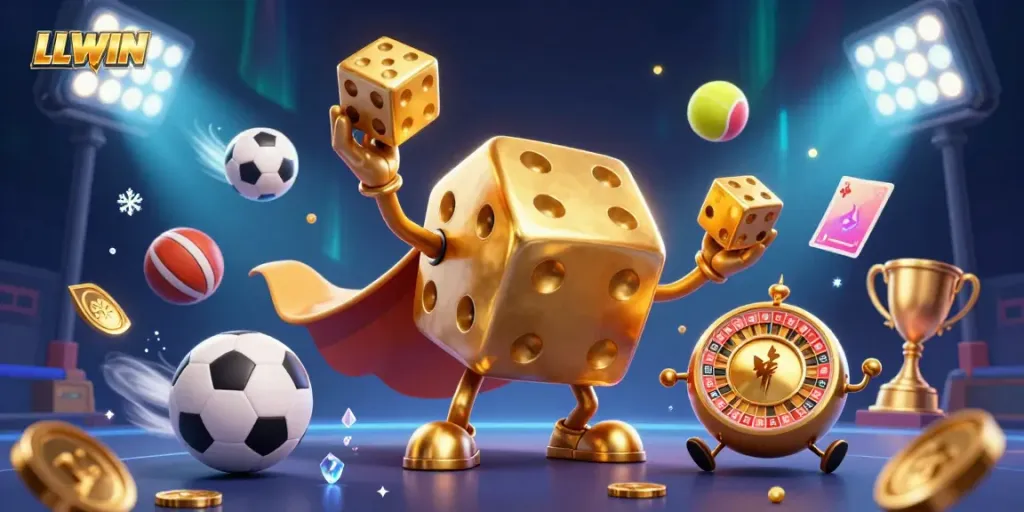 LLWIN showcases a vibrant, action-packed 3D scene filled with sports and casino elements for an online gambling experience.