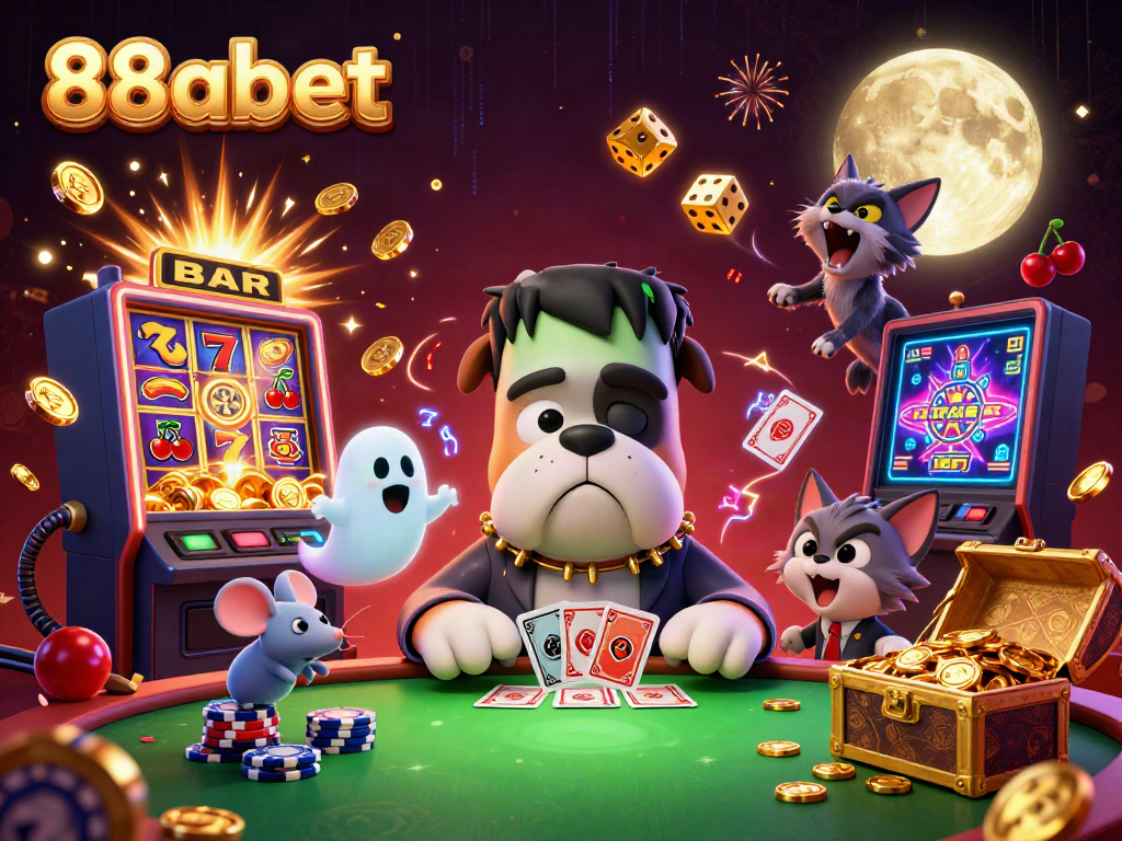 88abet showcases a vibrant 3D illustration of a cartoon dog dealer and casino elements in an exciting gaming atmosphere.