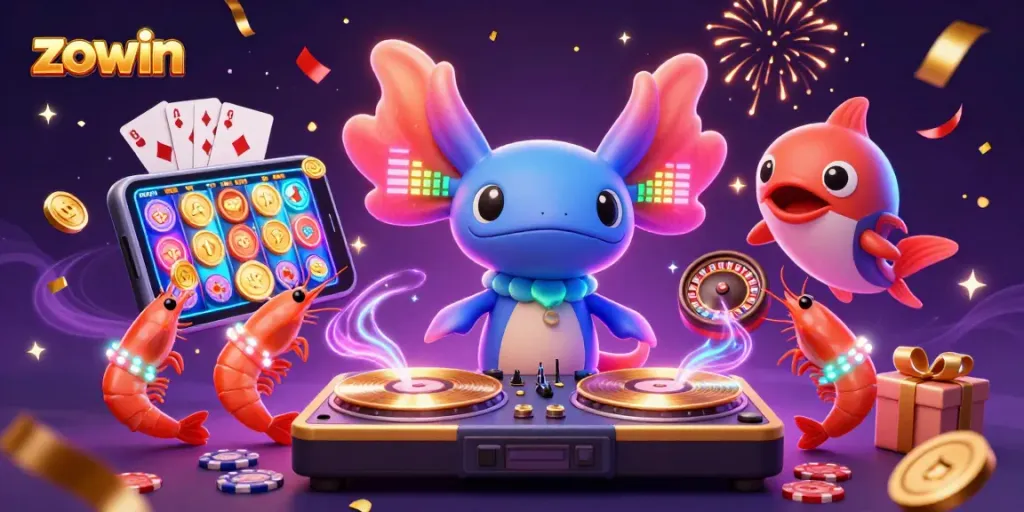 Zowin's vibrant casino scene showcases a neon axolotl DJ spinning slot games and golden coins.