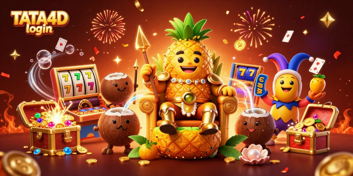 TATA4D login illustration with a golden pineapple king and casino elements, showcasing vibrant gaming atmosphere.