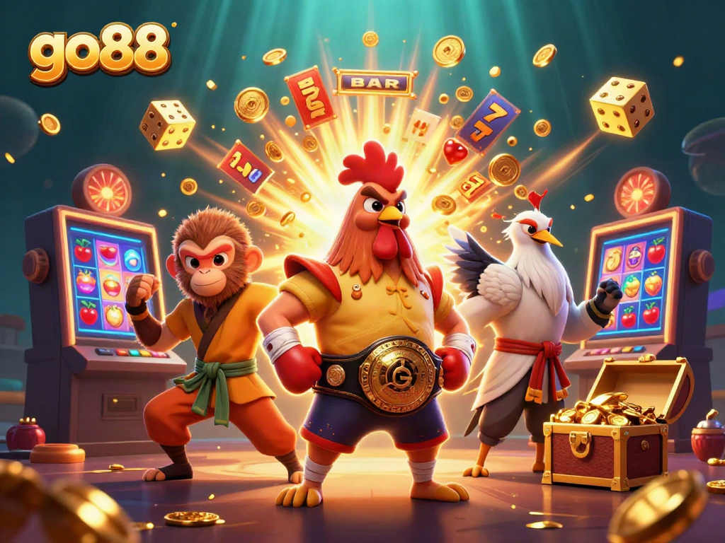 Win big with go88's vibrant online gaming features and exciting characters in this colorful 3D illustration.