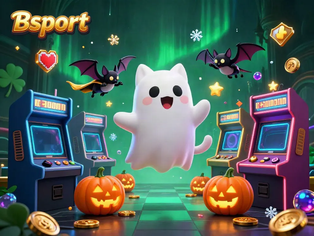 Experience thrilling gameplay with Bsport's 3D ghost cat and vampire bat in a vibrant casino atmosphere.