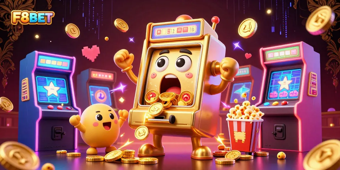 Experience the excitement of F8BET with a dynamic 3D scene of a golden slot machine winning big, full of vibrant elements.