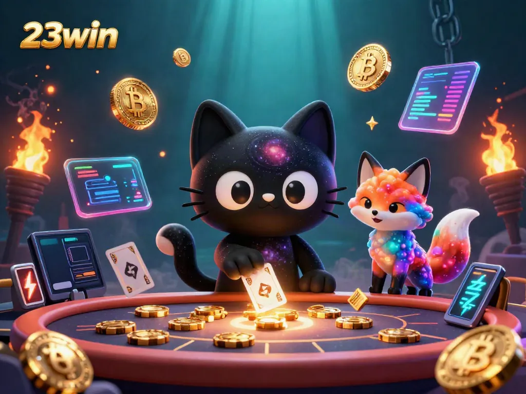 Engage with 23win in a cosmic casino scene featuring a black hole cat and colorful nebula fox.