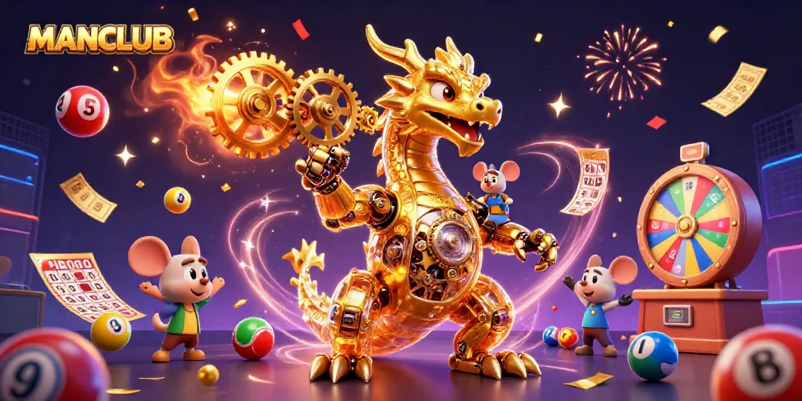 Experience MANCLUB's thrilling world with a golden dragon and lively lottery elements in this vibrant casino scene.