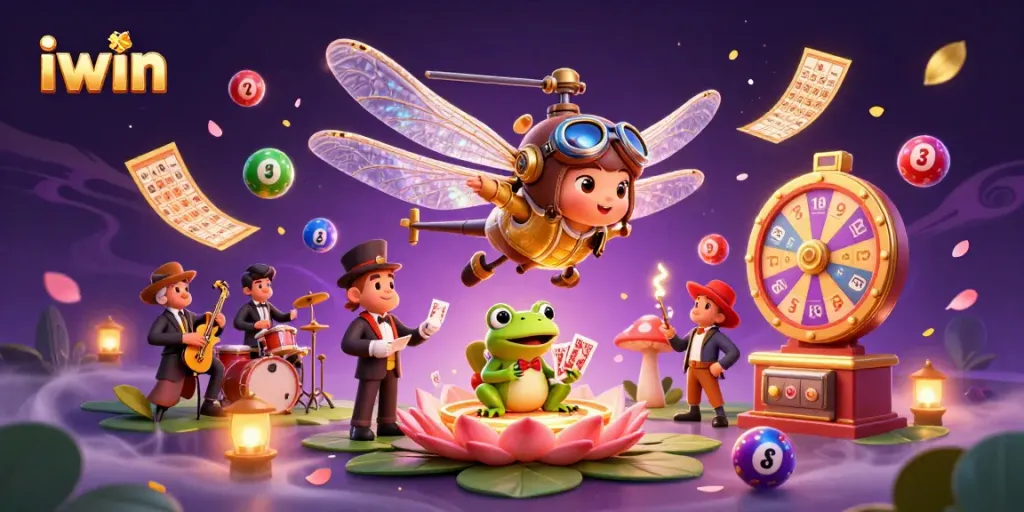 Spin your luck with iwin in this vibrant casino scene featuring a dragonfly pilot and frog croupier.