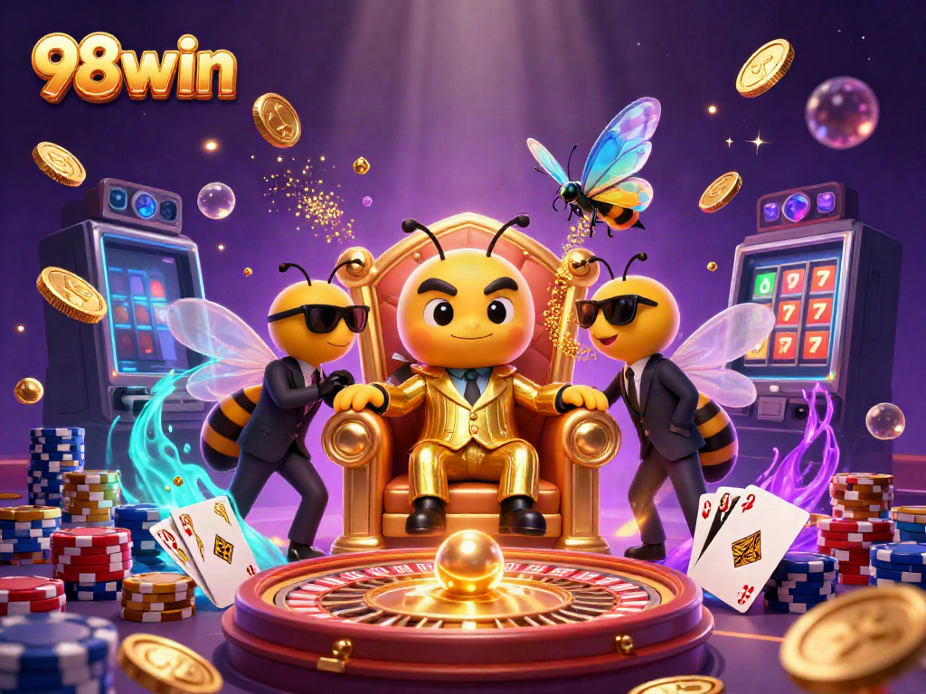 Experience excitement with 98win through the cartoon mob boss illustration, showcasing vibrant gaming elements.