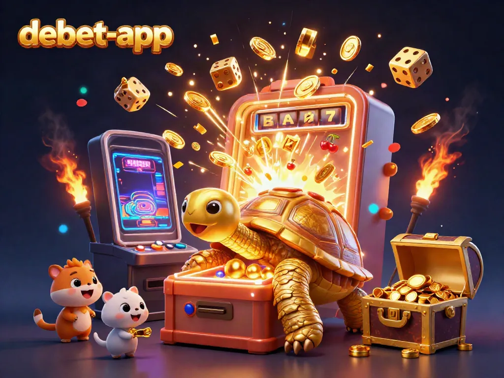 Experience the excitement with debet-app's engaging casino scene featuring vibrant characters and dynamic game elements.
